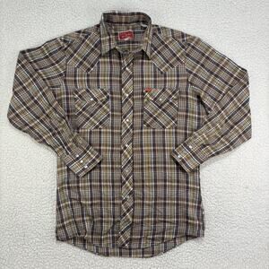Vintage Ely Plains Pearl Snap Western Shirt Size 15-33 Yellow Brown Blue Plaid
